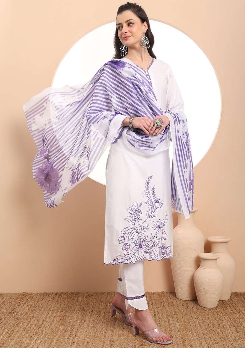 White Floral Print Cotton Straight Kurta Set - Indya