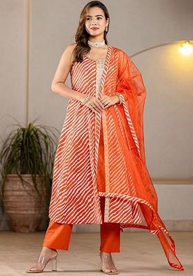 Orange Printed Cotton Kurta Set
