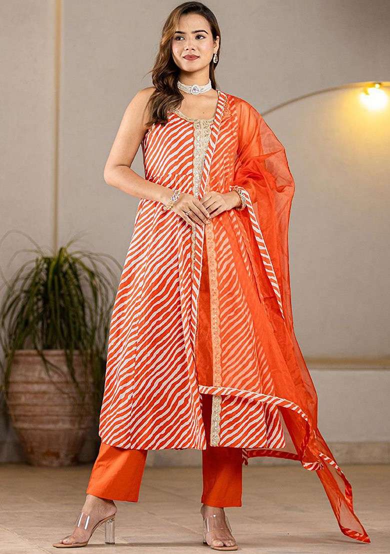Orange Striped Cotton Straight Kurta Set - Indya