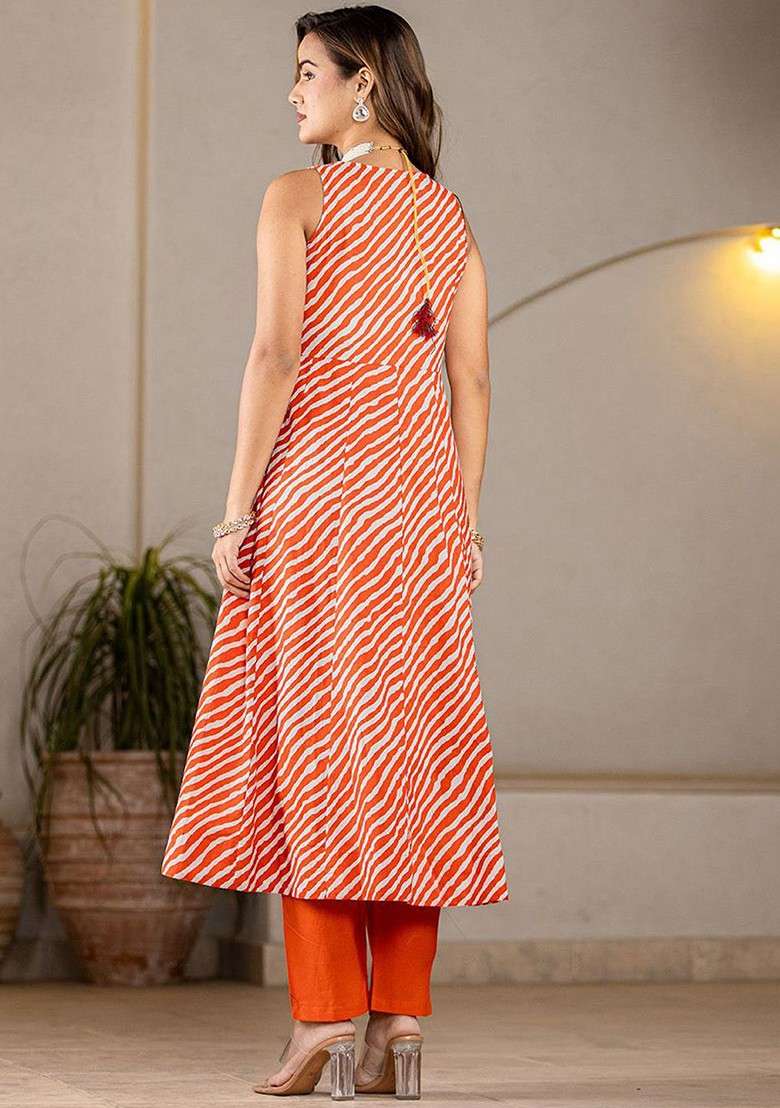 Orange Striped Cotton Straight Kurta Set - Indya