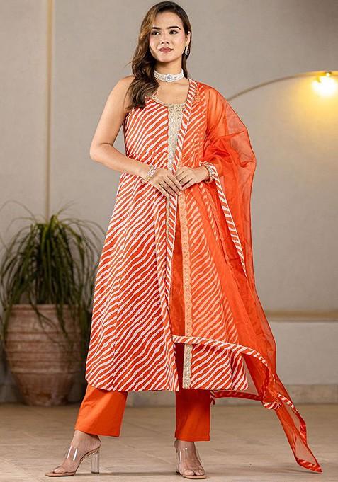Orange Printed Cotton Kurta Set