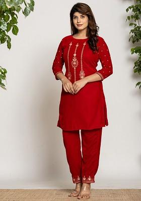 Red Embroidered Silk Fusion Set