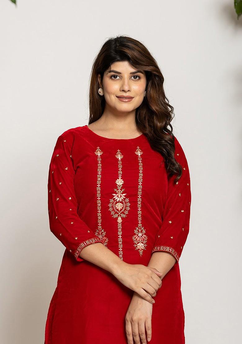Red Embroidered Silk Fusion Set