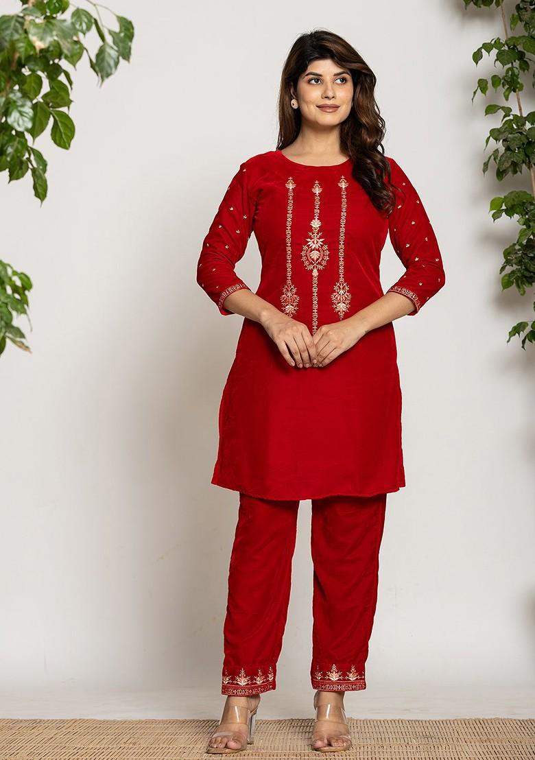 Red Embroidered Silk Fusion Set