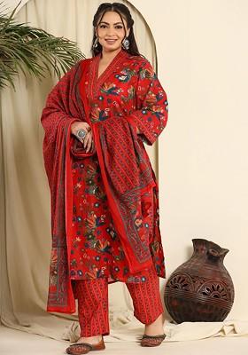 Red Floral Print Cotton Kurta Set