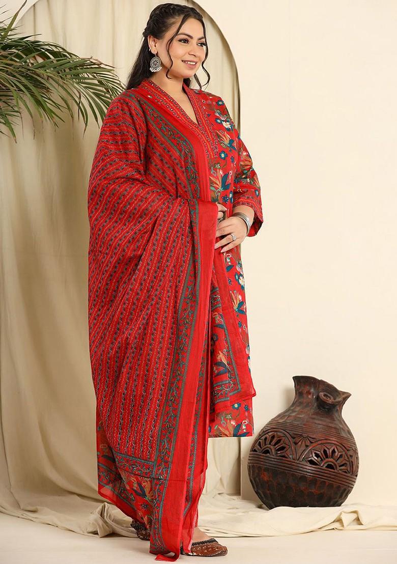 Red Floral Print Cotton Kurta Set
