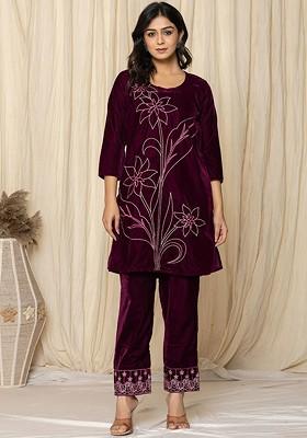 Purple Embroidered Velvet Fusion Set