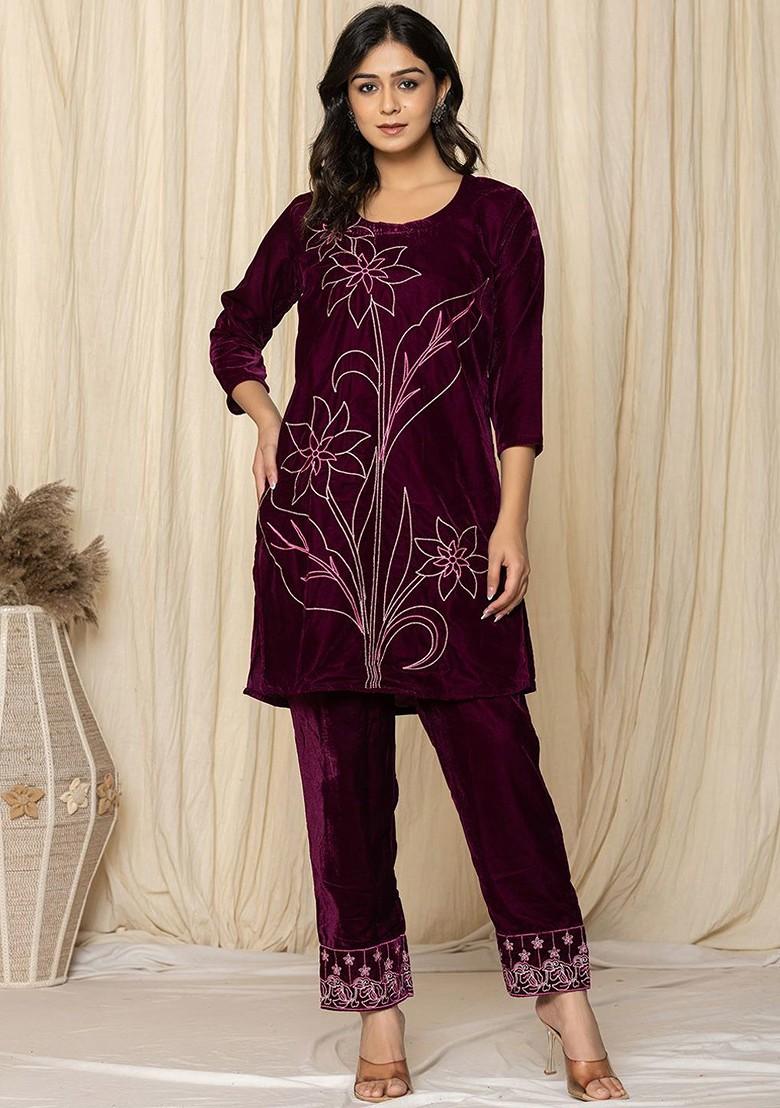 Purple Embroidered Velvet Fusion Set