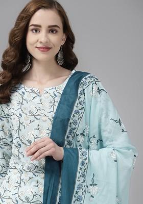 Blue Floral Print Cotton Kurta Set