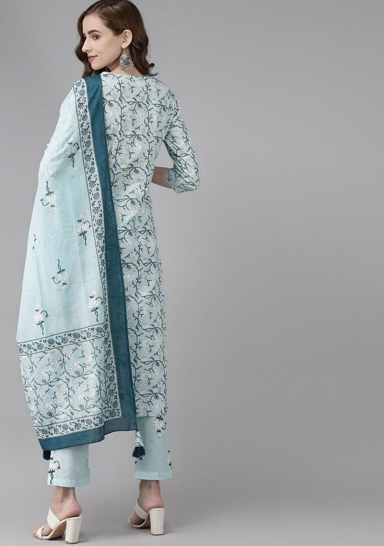 Blue Floral Print Cotton Kurta Set