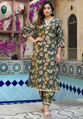 Olive Floral Print Poly Blend Kurta Set