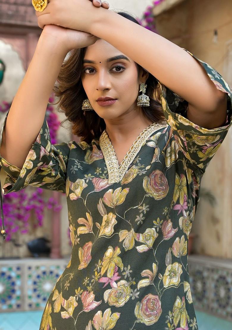 Olive Floral Print Poly Blend Kurta Set