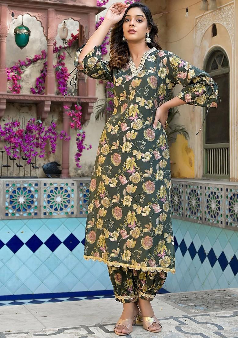 Olive Floral Print Poly Blend Kurta Set