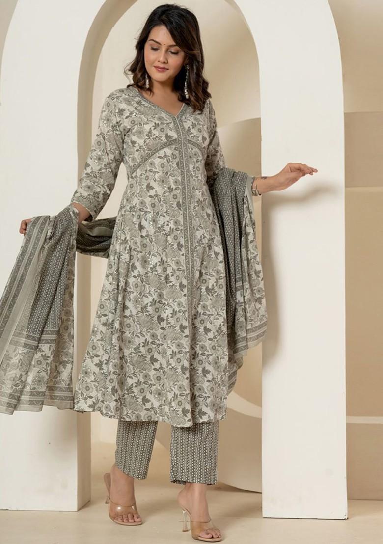 Grey Floral Print Cotton Kurta Set