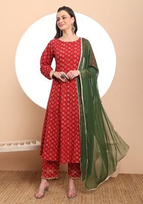 Red Floral Print Cotton Kurta Set