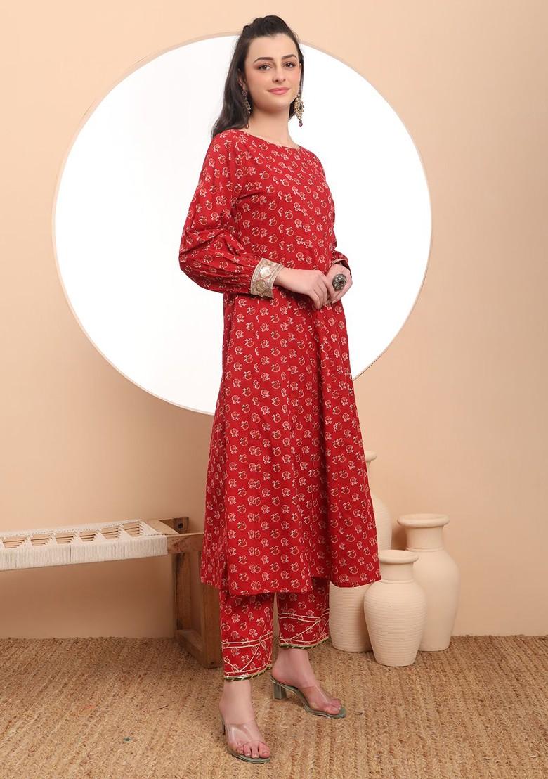 Red Floral Print Cotton Kurta Set