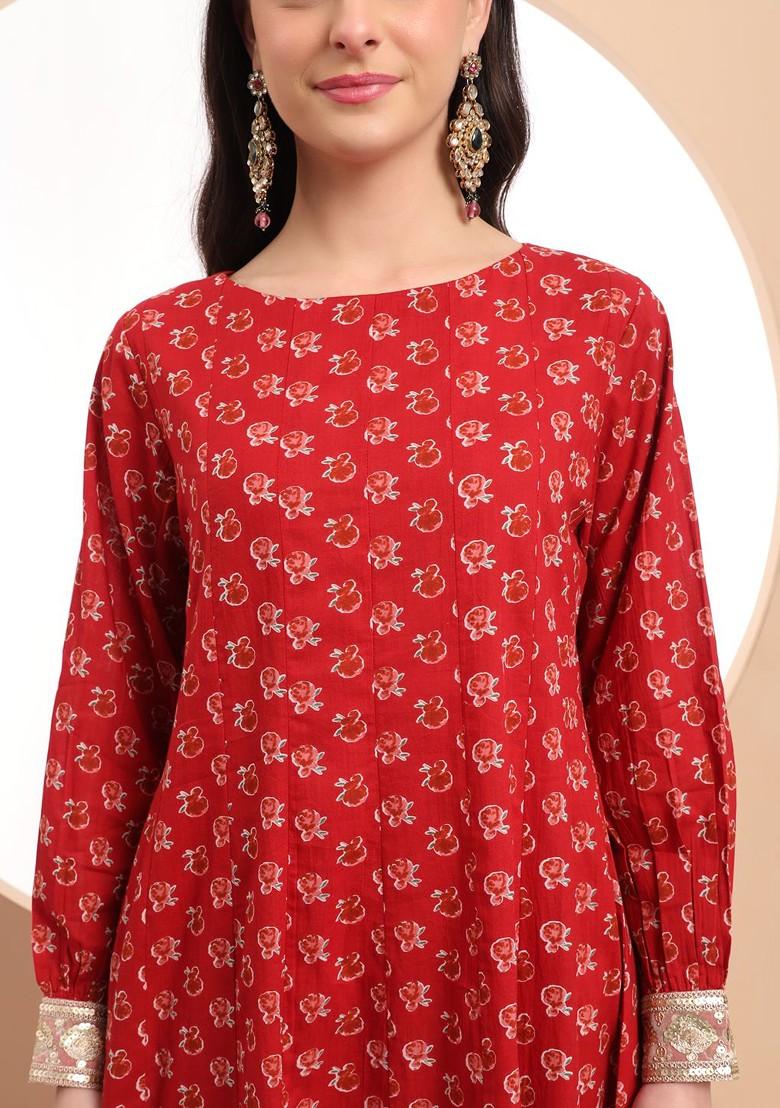 Red Floral Print Cotton Kurta Set