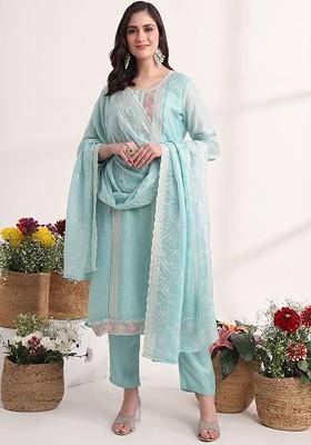 Blue Embroidered Poly Blend Kurta Set