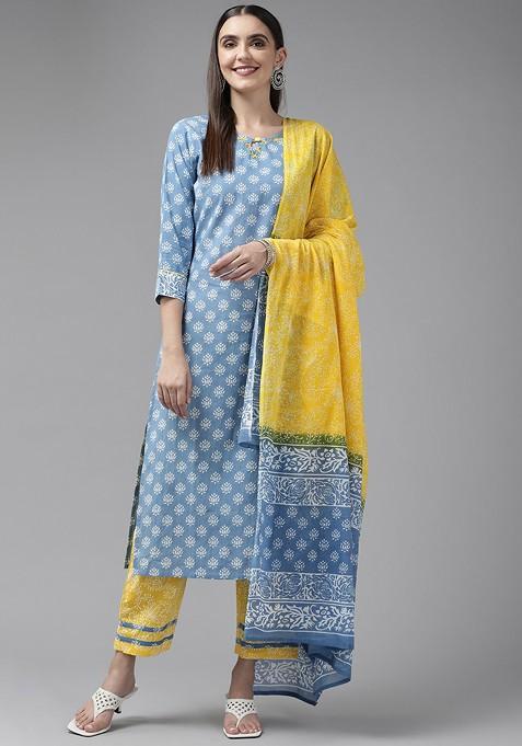 Blue Printed Cotton Kurta Set