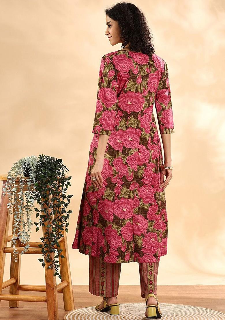 Pink Floral Print Cotton Kurta Set