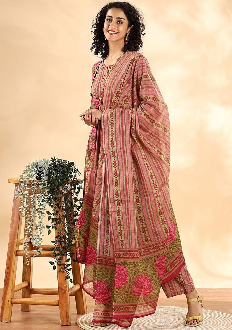Pink Floral Print Cotton Kurta Set