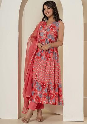Pink Floral Print Cotton Kurta Set