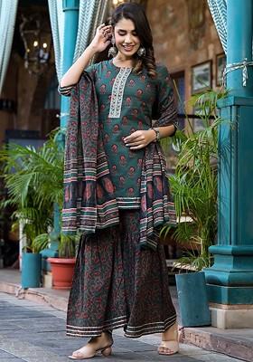 Green Floral Print Cotton Kurta Set