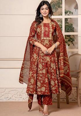 Red Floral Print Cotton Kurta Set