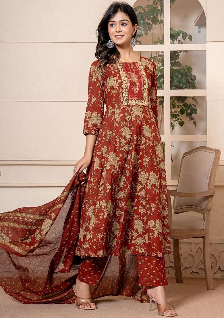 Red Floral Print Cotton Kurta Set