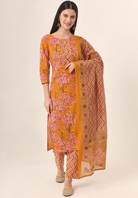 Mustard Floral Print Cotton Kurta Set