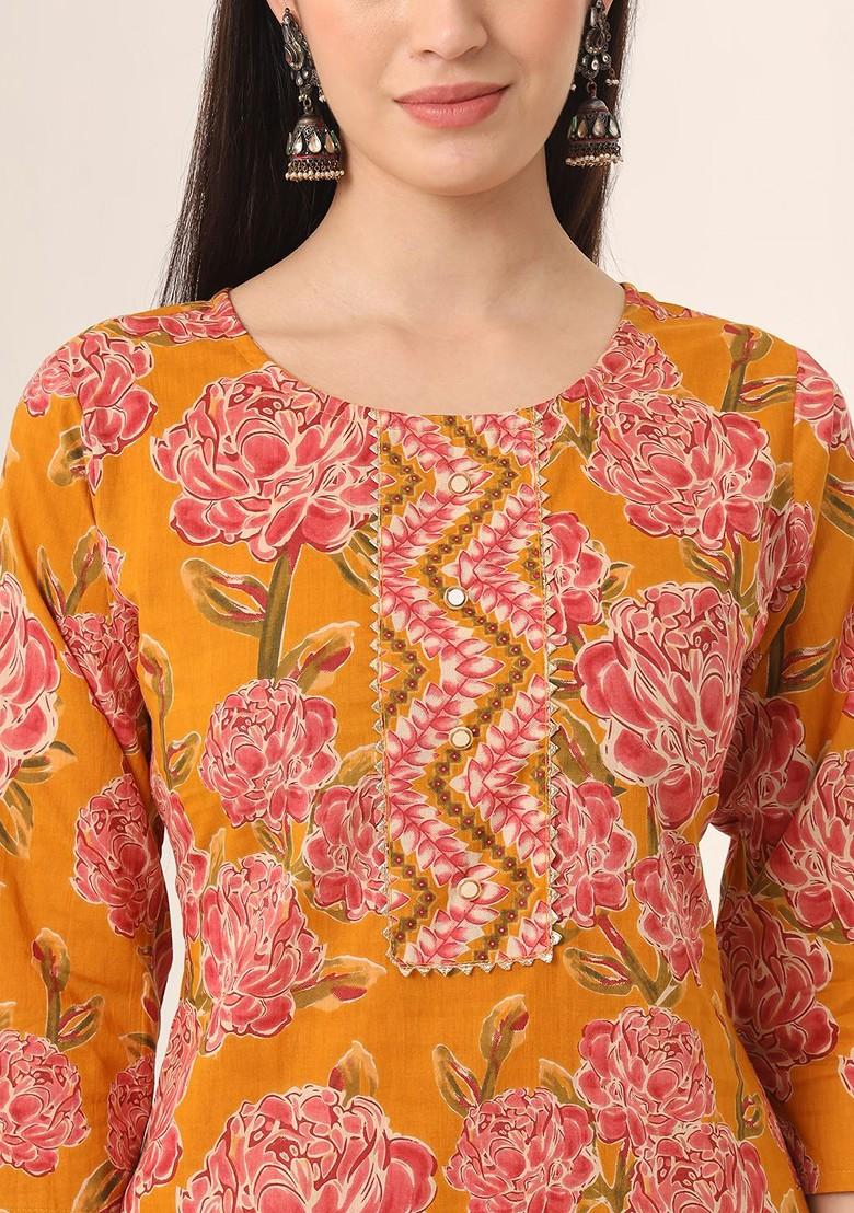 Mustard Floral Print Cotton Kurta Set