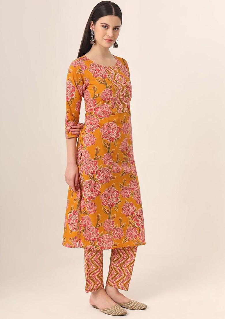 Mustard Floral Print Cotton Kurta Set