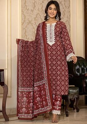Maroon Floral Print Cotton Kurta Set