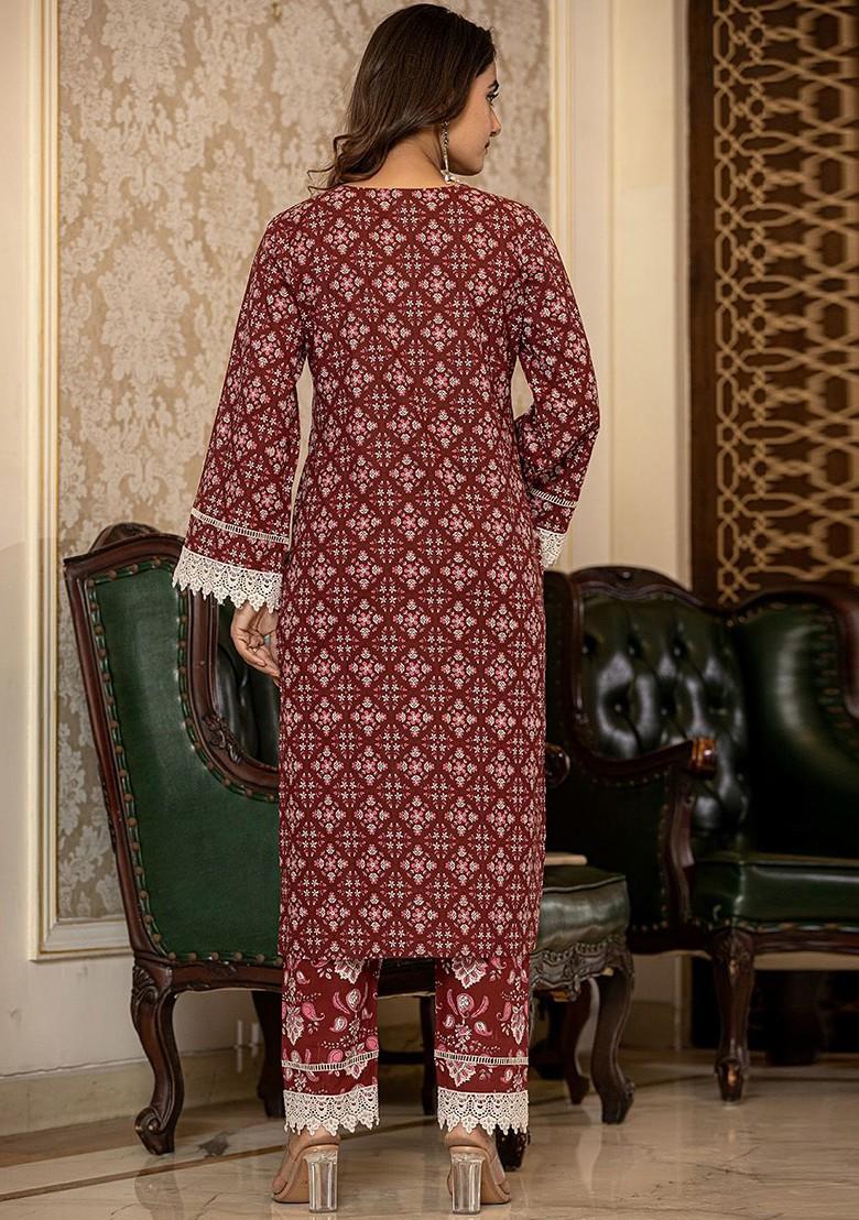 Maroon Floral Print Cotton Kurta Set