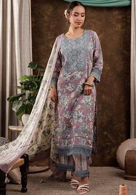 Purple Floral Print Cotton Kurta Set