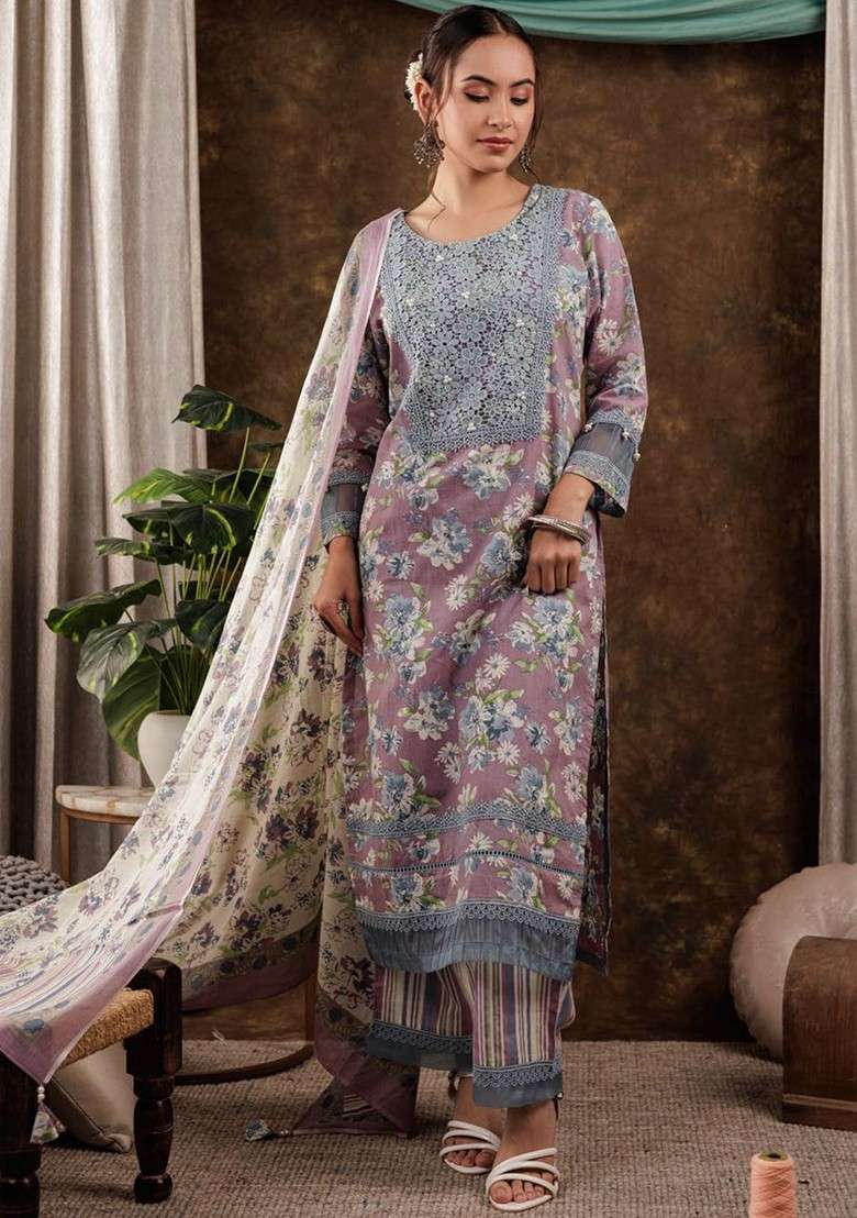 Purple Embroidered Cotton Straight Kurta Set - Indya