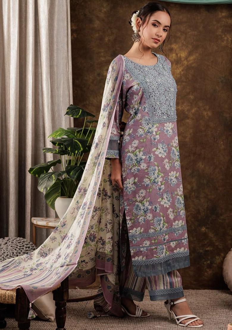Purple Floral Print Cotton Kurta Set