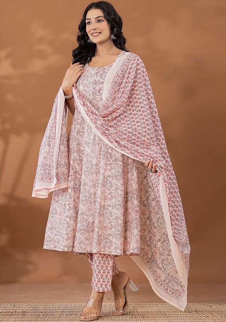 Peach Floral Print Cotton Kurta Set