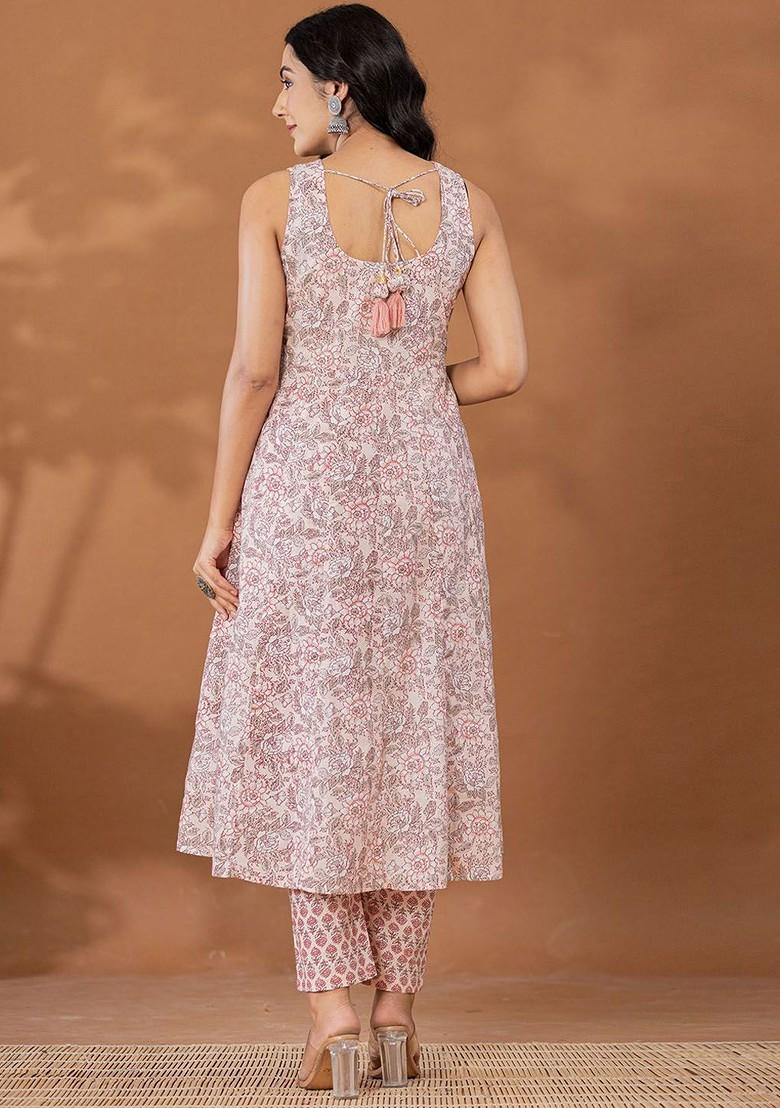 Peach Floral Print Cotton Kurta Set