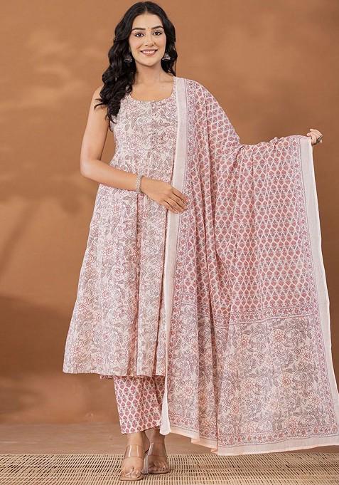 Peach Printed Cotton Anarkali Set