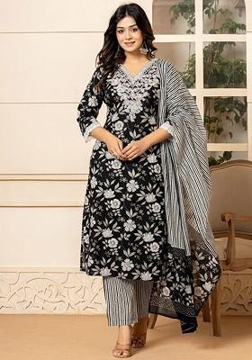 Black Floral Print Cotton Kurta Set