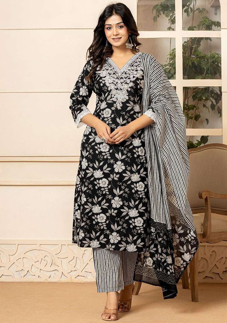 Black Embroidered Cotton Straight Kurta Set - Indya