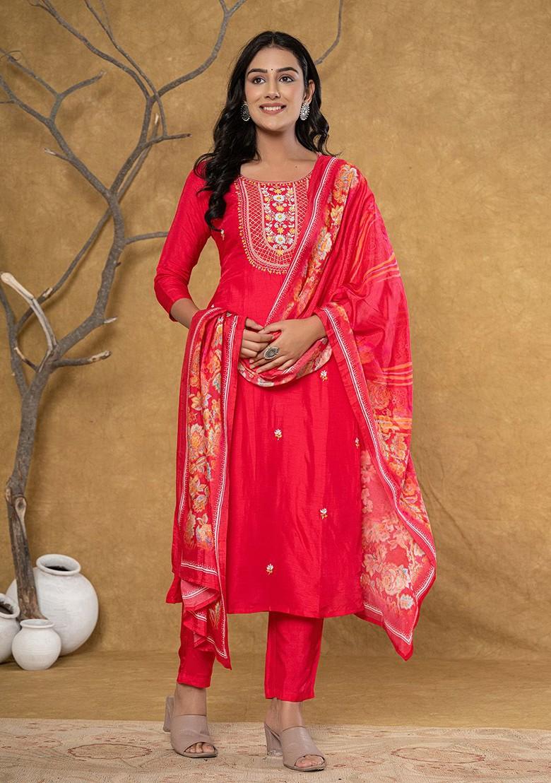 Pink Floral Print Silk Kurta Set