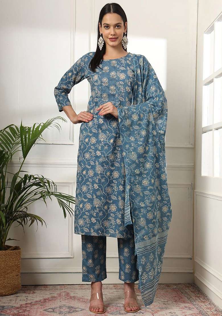 Blue Floral Print Cotton Kurta Set - Indya
