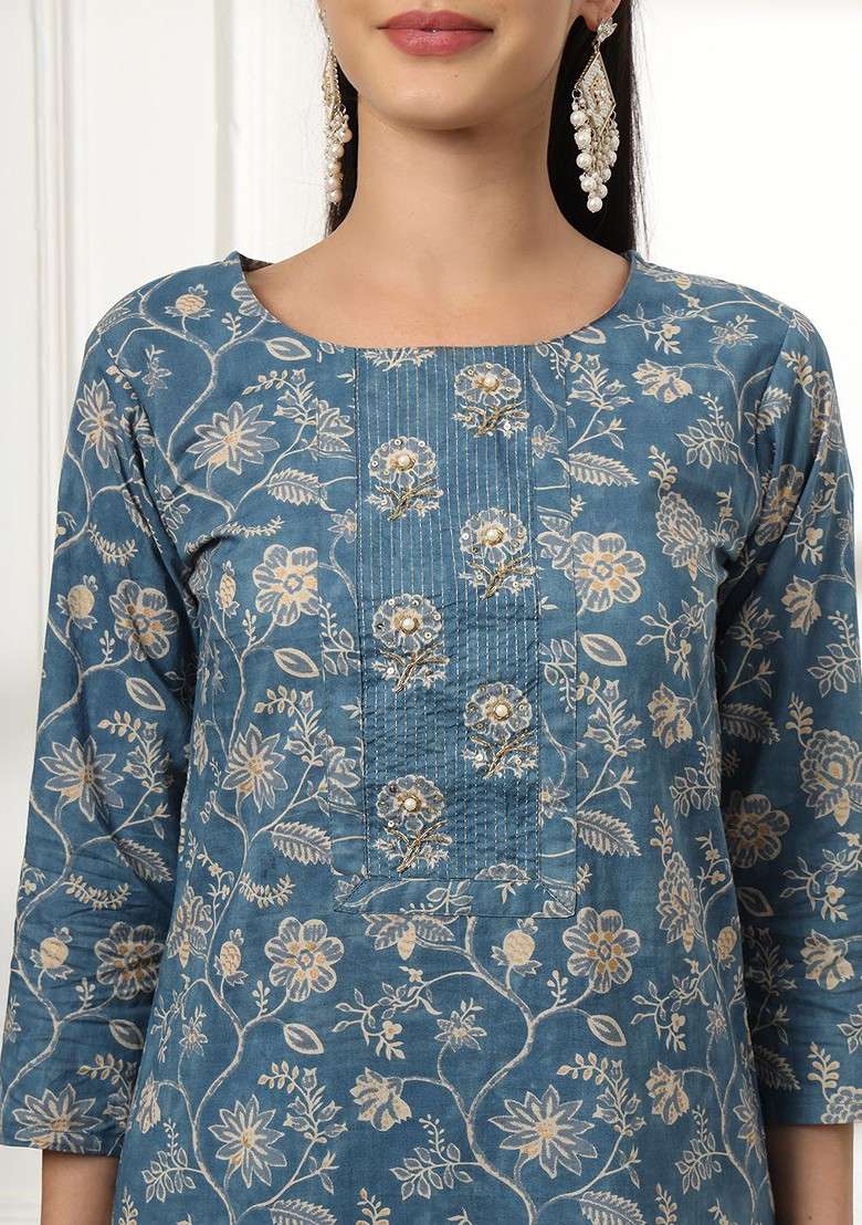 Blue Floral Print Cotton Kurta Set - Indya