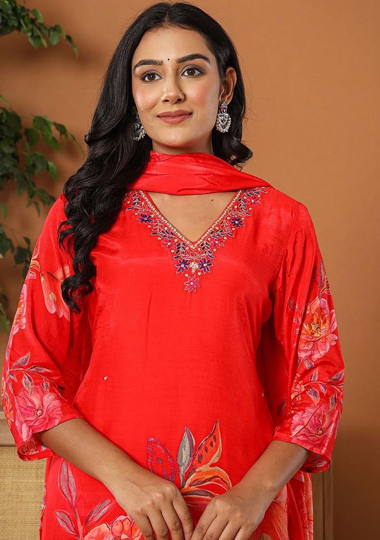 Red Embroidered Poly Blend Kurta Set