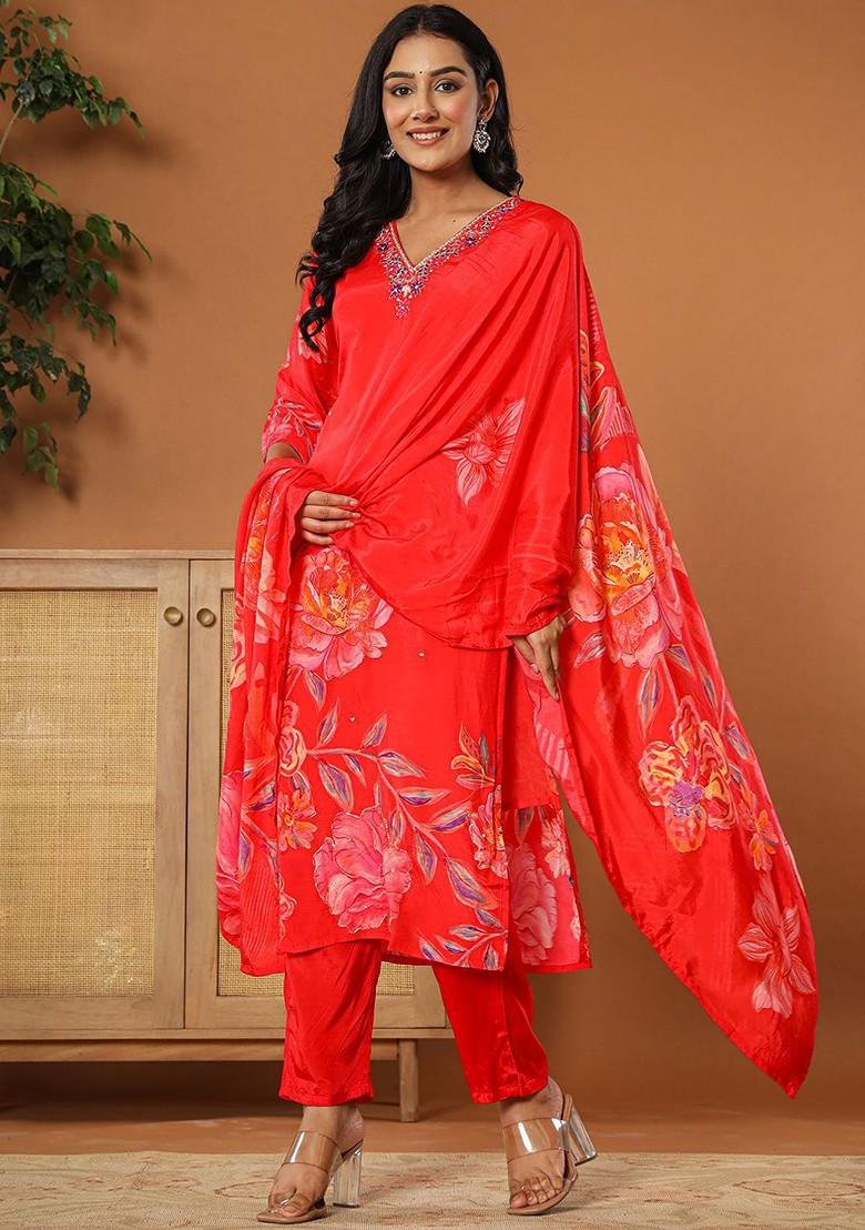 Red Embroidered Poly Blend Kurta Set