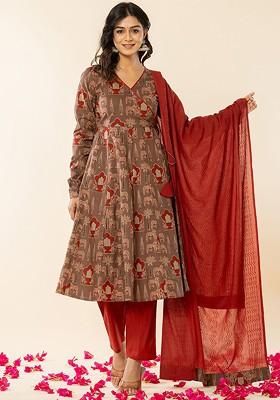 Brown Printed Cotton Kurta Set