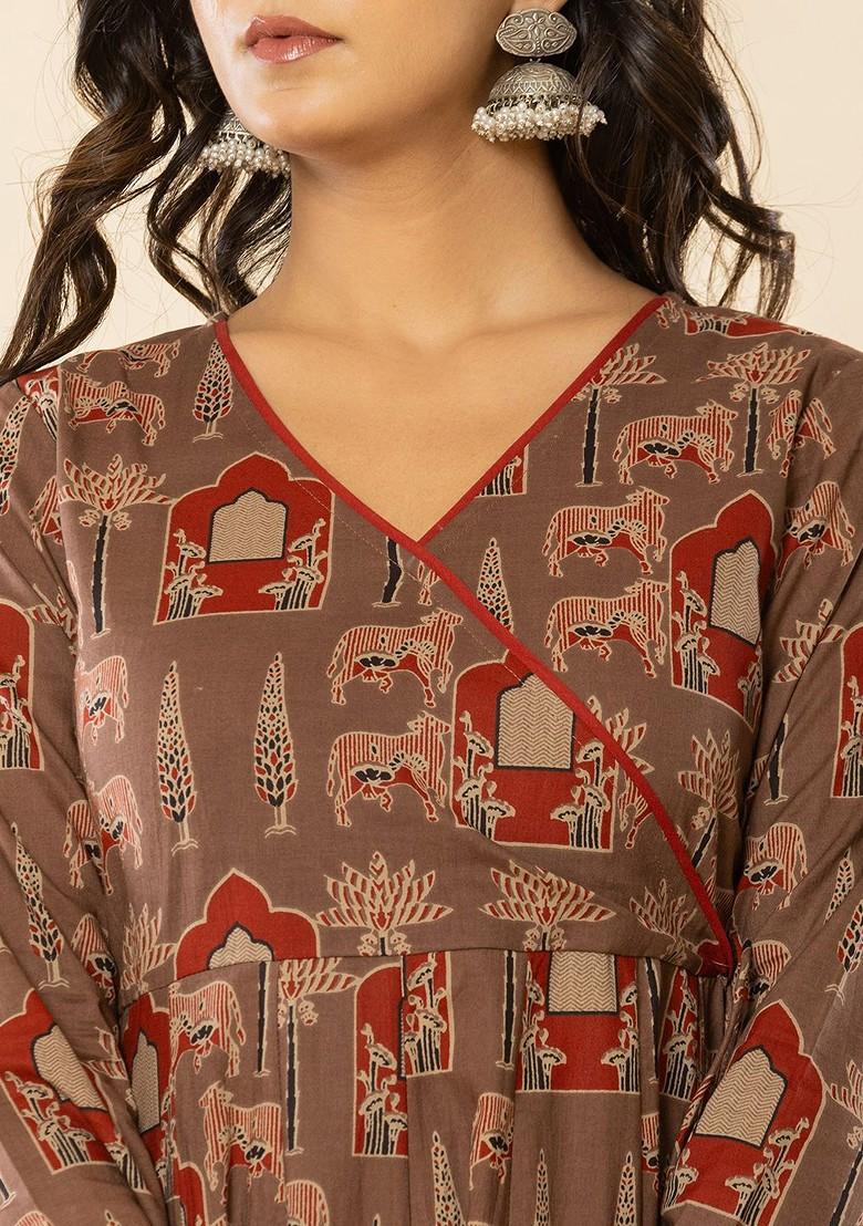Brown Printed Cotton Kurta Set