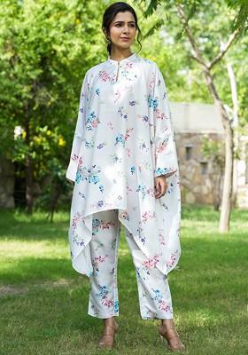 White Floral Print Poly Blend Co-Ord Set